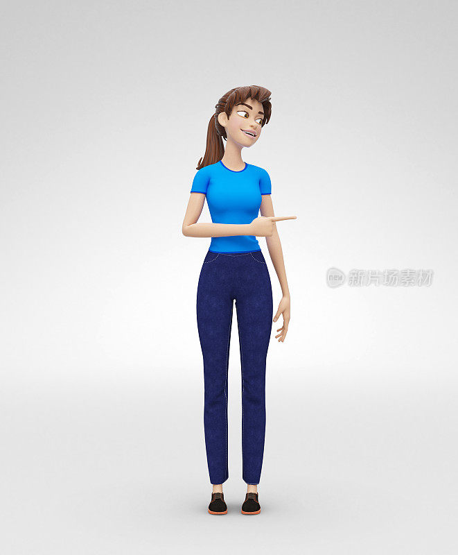快乐微笑的珍妮- 3D卡通女性角色模型-傻笑和点开玩笑到一边，在休闲服装